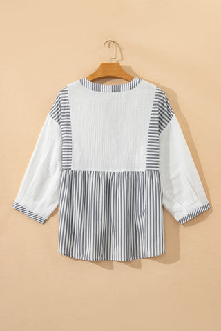 Gray Stripe Half Button Gauze Patchwork Bracelet Sleeve Babydoll Blouse