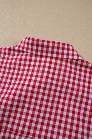 Red Plaid V Neck Long Sleeve Tunic Loose Fit Plus Size Shirt