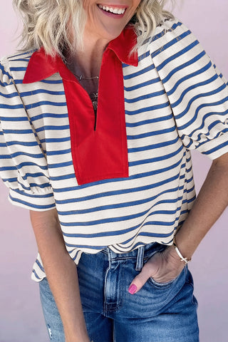 Black Stripe Short Puff Sleeve Color Block Polo Collar Blouse