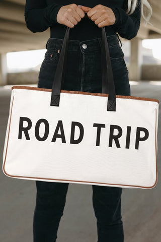 White Canvas Road Trip Tote Bag 50x15x30cm Summer Travel Carryall