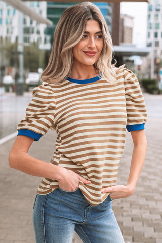 Green Stripe Short Puff Sleeve Contrast Trim Round Neck Tee