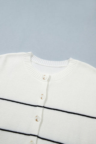 White Stripe Short Sleeve Button Front Shift Cardigan