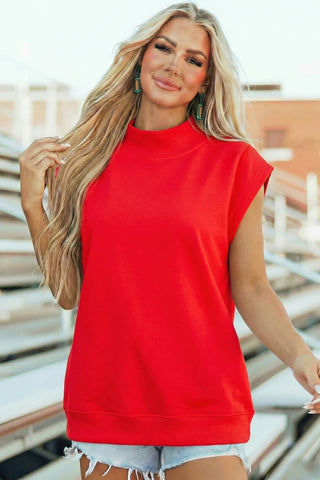 Racing Red Solid Color High Neck Cap Sleeve Loose Top