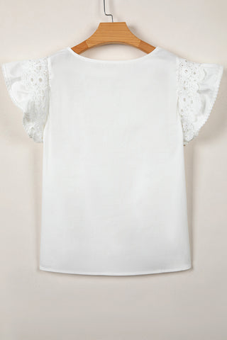 White Lace Detail Flutter Sleeve Pleated Round Neck Blouse