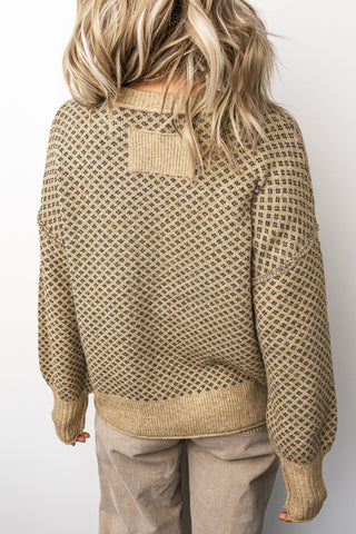 Khaki Geometric Print Drop Shoulder Round Neck Long Sleeve Sweater