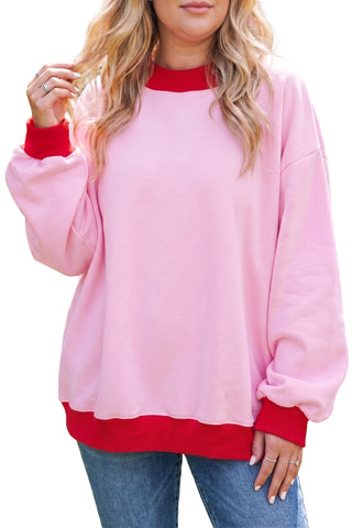 Pink Color Block Contrast Trim Plus Size Sweatshirt