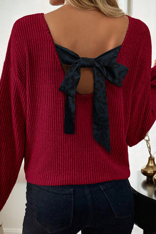 Simply Taupe Ribbed V Neck Contrast Ribbon Bow Back Drop Shoulder Long Sleeve Top