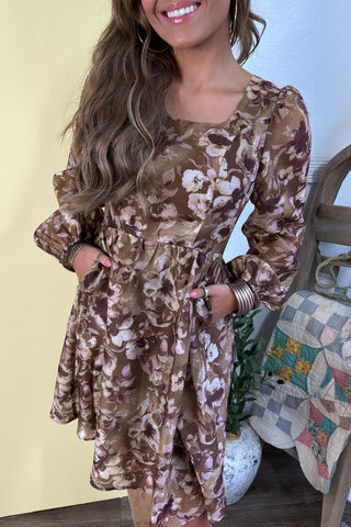 Brown Abstract Floral Print Square Neck Long Sleeve Mini Shift Dress