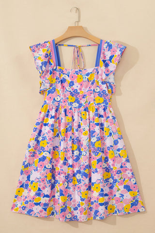 Multicolour Floral Print Flutter Sleeve Striped Trim Square Neck Loose Mini Dress