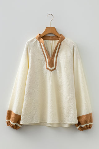 Black Color Block Patchwork Detail V Neck Textured Long Sleeve Blouse