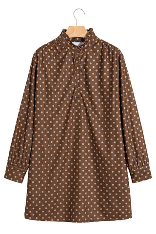 Brown Polka Dot V Neck Long Sleeve Button Shift Dress