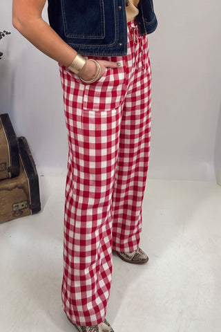Red Gingham Plaid Tie Elastic Waist Shift Pants