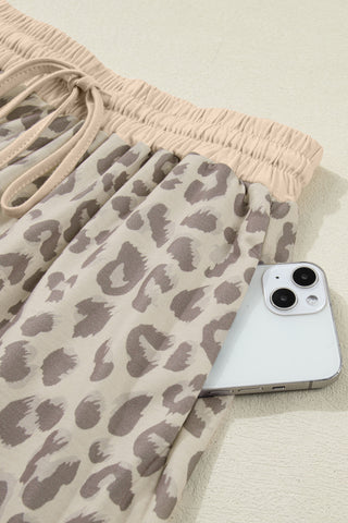 Rose V Neck Collar Leopard Printed 2pcs Short Set