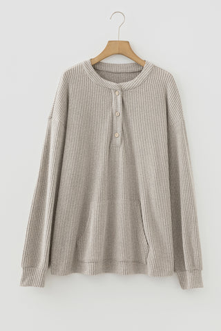 Simply Taupe Plus Size Ribbed Knit Kangaroo Pocket Henley Long Sleeve Top