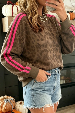 Brown Leopard Print Striped Detail Relaxed Pullover Sweatshirt
