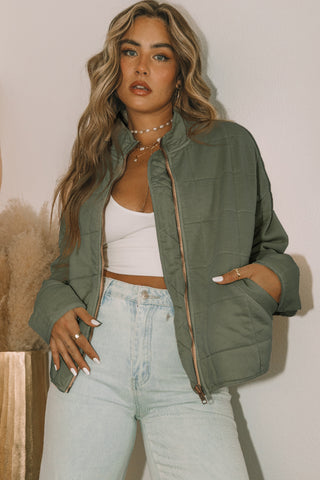 Green Zip-Up Pocket Quilted Jacket