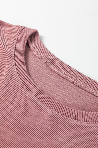 Dark Brown Solid Color Textured Knit Drop Shoulder Pullover Drawstring Shorts Set