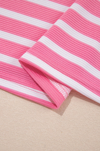 Black Stripe Short Puff Sleeve Color Block Polo Collar Blouse
