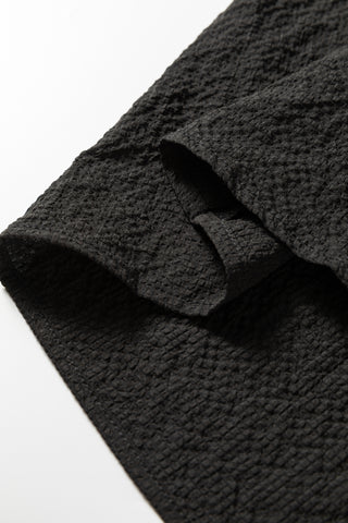 Black Color Block Patchwork Detail V Neck Textured Long Sleeve Blouse