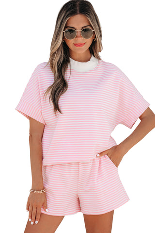Sky Blue Stripe Cuffed Sleeve Contrast Mock Neck Tee Casual 2pcs Short Set