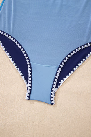 Beau Blue Ric Rac Trim Contrasted Patchwork Cutout One Piece Swimsuit