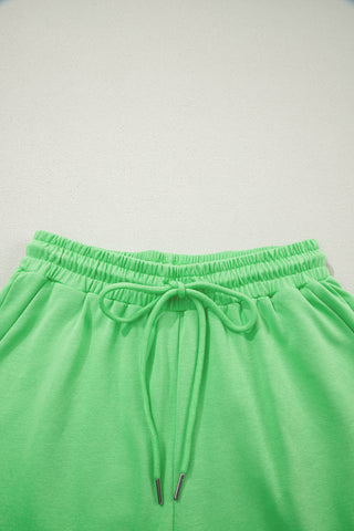 Light Blue Solid Color Puffy Loose Top Drawstring Shorts 2pcs Outfit