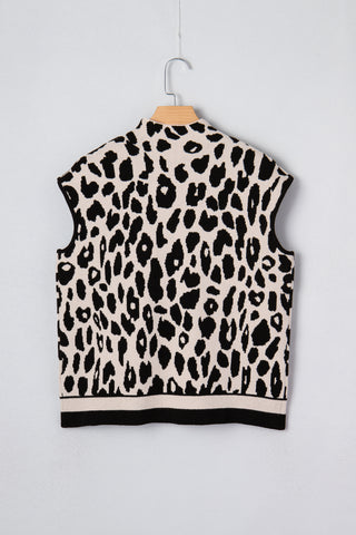 Black Leopard Print High Neck Short Sleeve Sweater
