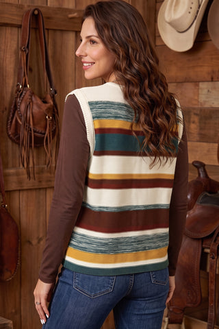 Multicolour Striped Button Front Sleeveless Knit Regular Fit Sweater Vest