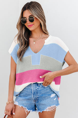 Light Blue Color Block Notch V Neck Sweater T Shirt