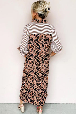 Sky Blue Stripe Contrast Leopard Patchwork Long Shirt Dress with Slits
