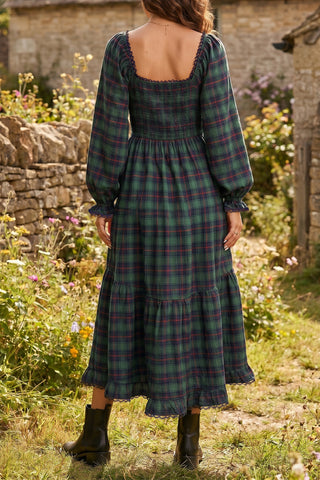 Green Vintage Plaid Square Neck Lace Trim Long Sleeve Shift Dress
