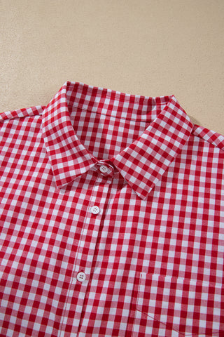Red Plaid V Neck Long Sleeve Tunic Loose Fit Plus Size Shirt