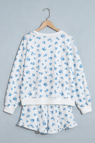Sky Blue Floral Print Long Sleeve Top Elastic Waist Ruffle Hem Shorts 2pcs Set