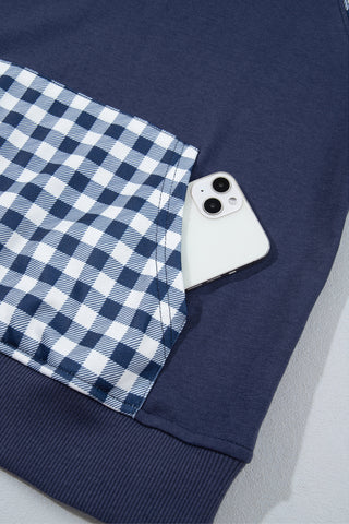 Navy Blue Patchwork Plaid Pocket Quarter Zip Sweatshirt