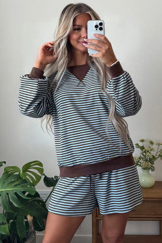 Blue Stripe Oversized Long Sleeve Top Drawstring Loose Shorts 2pcs Set