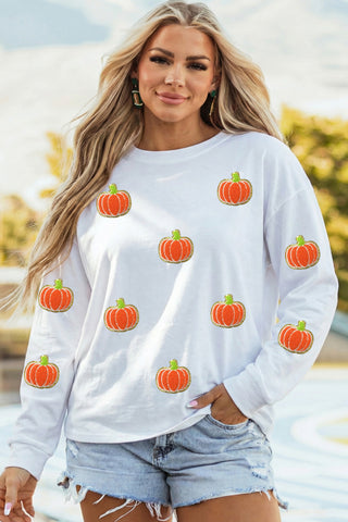 White Glitter Chenille Pumpkin Patch Graphic Long Sleeve Top