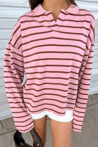 Pink Stripe Striped Long Sleeve Collar Shift Top