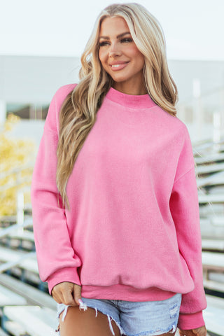 Red Dahlia Oversize Drop Shoulder Reversible Mock Neck Sweatshirt