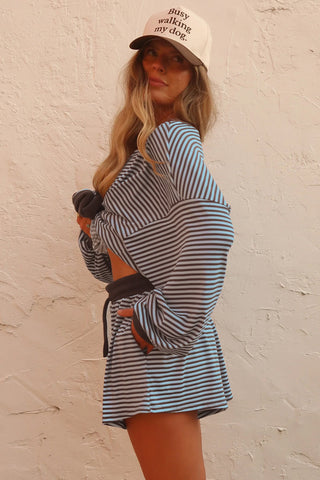 Blue Stripe Oversized Long Sleeve Top Drawstring Loose Shorts 2pcs Set