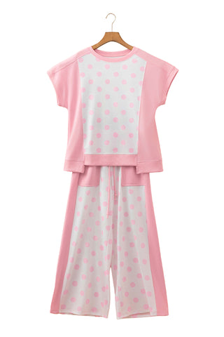 Green Color Block Patchwork Polka Dot Wide Leg Pant Set