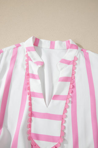 Pink Stripe Plus Size V Neck Short Puff Sleeve Tiered Maxi Dress