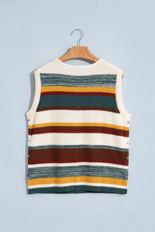 Multicolour Striped Button Front Sleeveless Knit Regular Fit Sweater Vest