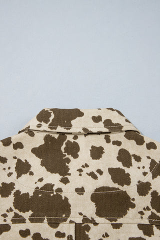Brown Western Cow Print Cargo Pocket Denim Jacket