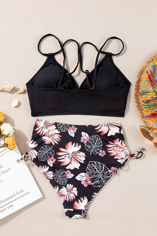 Black Ribbed Knit High Waist 2pcs Bikini Swimsuit