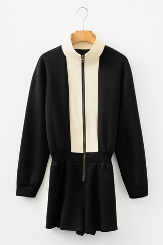 Black Two-tone Long Sleeve Zipped Front Casual Romper
