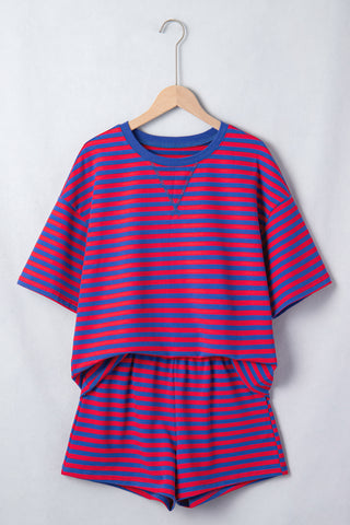 Blue Stripe Striped Ribbed Cotton Two-Piece Short Set with Chest Patch Detail