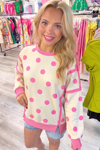 White Polka Dot Contrast Patchwork Round Neck Baggy Sweatshirt