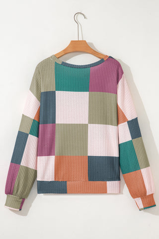 Green Checkered Print Textured Knit Long Sleeve Loose Top