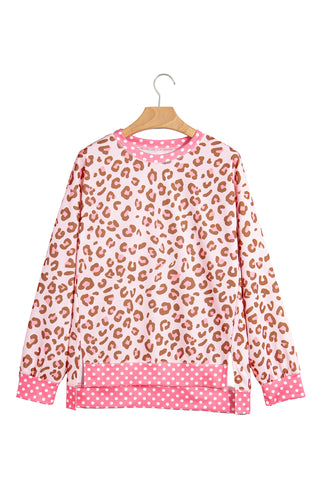 Pink Leopard Polka Dot Colorblock Trim Long Sleeve Top