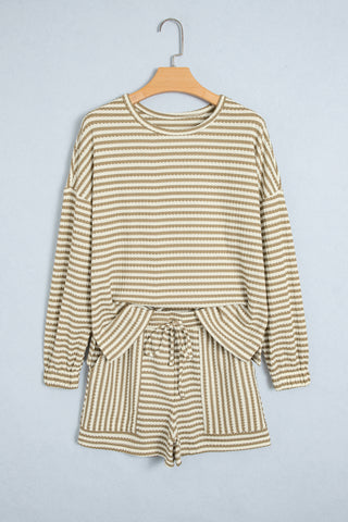 Brown Stripe Textured Knit Long Sleeve Top Elastic Waist Shorts Casual Outfit